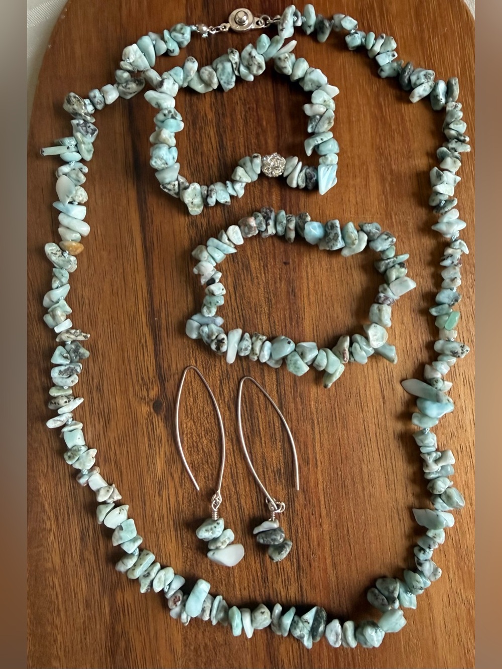 Handmade Larimar Chip Jewelry Set Light Blue Necklace Stretch Bracelet, Earrings - Picture 1 of 6